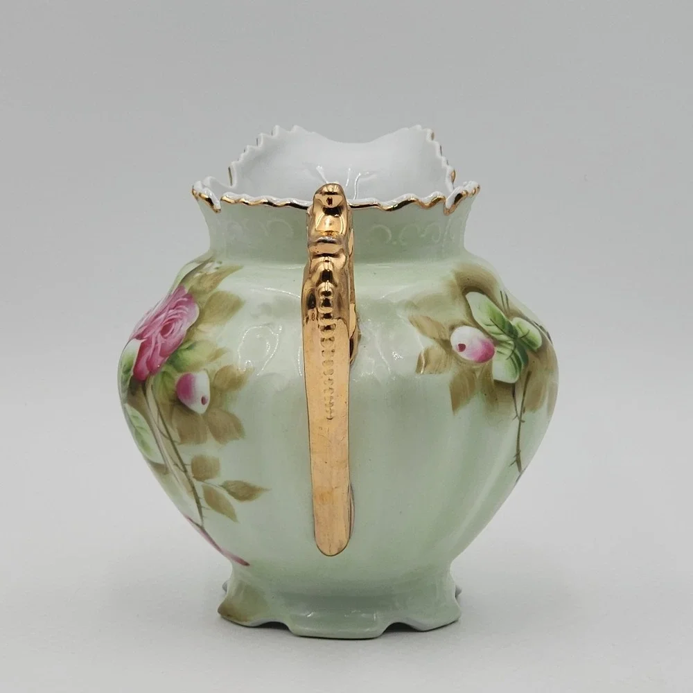 Vintage Lefton Rose Pitcher Hand Painted Green Porcelain Gold Trim 796
